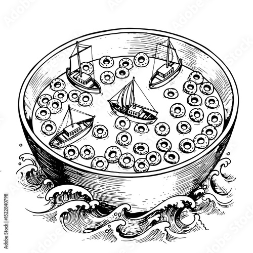 Illustration of boats floating in a bowl filled with circles  