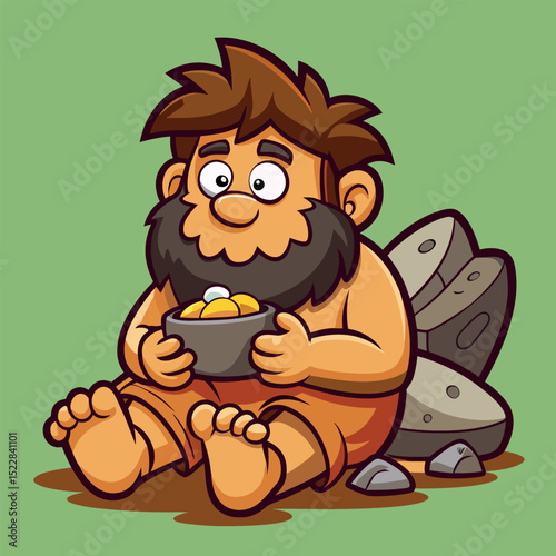 Cartoon Caveman Sitting with Bowl of Fruit Leaning Against Rocks Illustration