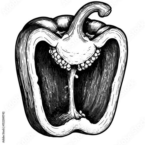 Cross-section of bell pepper illustrating seeds and pulp details  