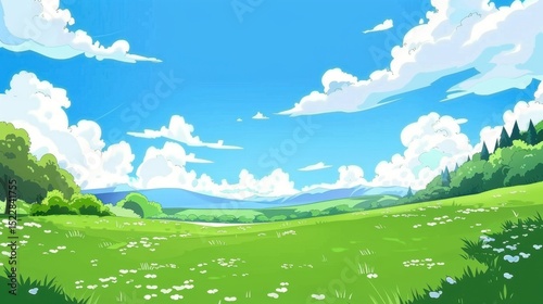 Enchanting Scenery of Lush Green Grassland under a Vast Blue Sky with Floating White Clouds: A Serene Natural Tapestry