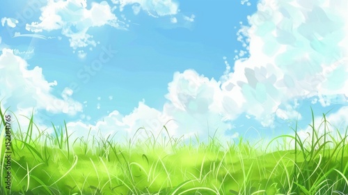 Enchanting Scenery of Lush Green Grassland under a Vast Blue Sky with Floating White Clouds: A Serene Natural Tapestry