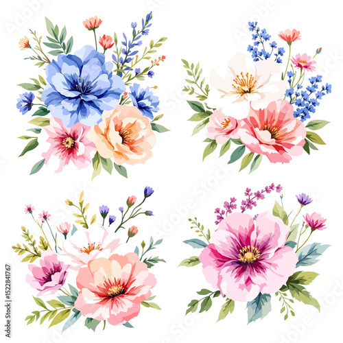 Watercolor wild flowers illustration in vintage style, leaves and grass set. Collection botanic garden elements.