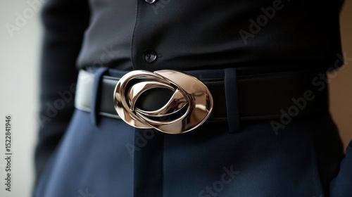 Designer belt featuring a sculptural buckle displayed against a stylish outfit in an elegant setting