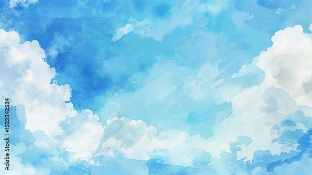 Fototapeta premium Dreamy Watercolor Blue Cloudy Sky Background – Soft Washes of Azure, Whimsical Cloud Brushstrokes, Artistic Sky Textures for Creative Projects