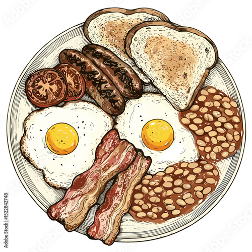 Hearty breakfast plate with eggs, bacon, sausage, and toast  