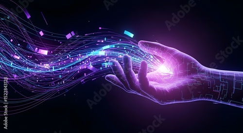 Digital Transformation Human Hand Interacting with Futuristic Data Stream