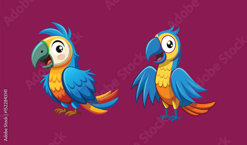 Two cartoon macaws blue and yellow birds