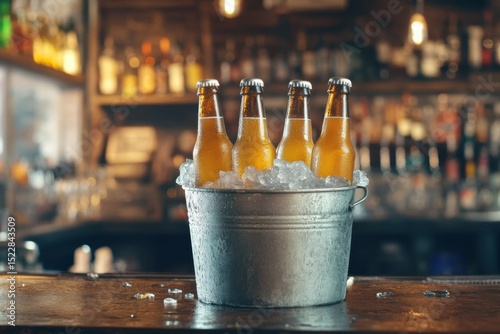 Chilled beer bottles in ice bucket on bar counter