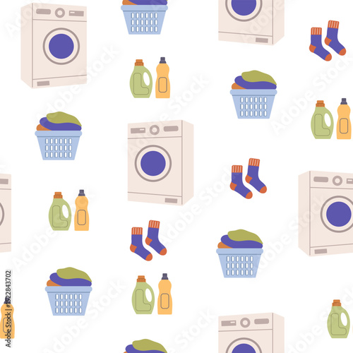 Laundry vector seamless pattern. Dirty clothes in basket, washing machine, dirty socks and detergents . Laundry illustration on white background.
