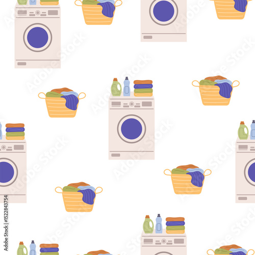 Laundry vector seamless pattern. Dirty clothes in basket, washing machine and detergents in plastic bottles. Laundry illustration on white background.