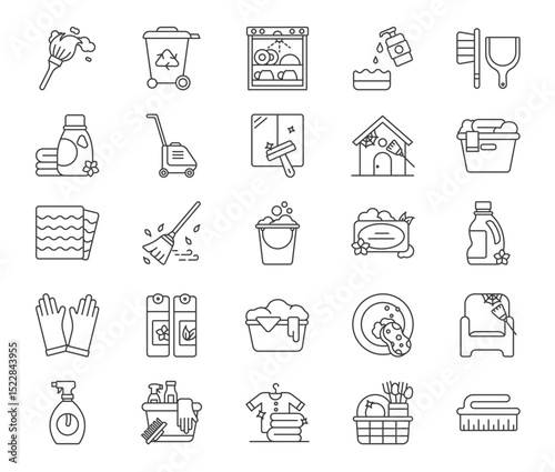 A collection of cleaningrelated icons featuring tools and supplies
