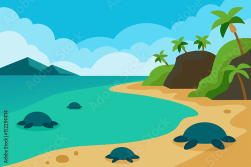 Tropical Beach Scene with Sea Turtles A Serene Island Paradise Illustration
