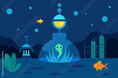 Cartoon vector illustration of an alien in a spaceship near the moon and stars on a winter night
