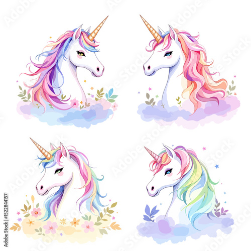 Beautiful watercolor set unicorns in pink and purple colors.	