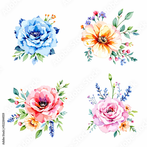 Wild flowers set, watercolor digital illustration.
