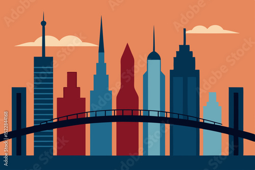 Modern Cityscape Skyline Illustration Urban Architecture with Bridge