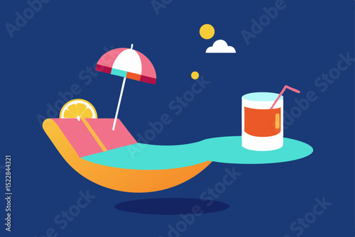 Tropical beach illustration with an umbrella, sea, sun, sand, and sky for a relaxing summer vacation