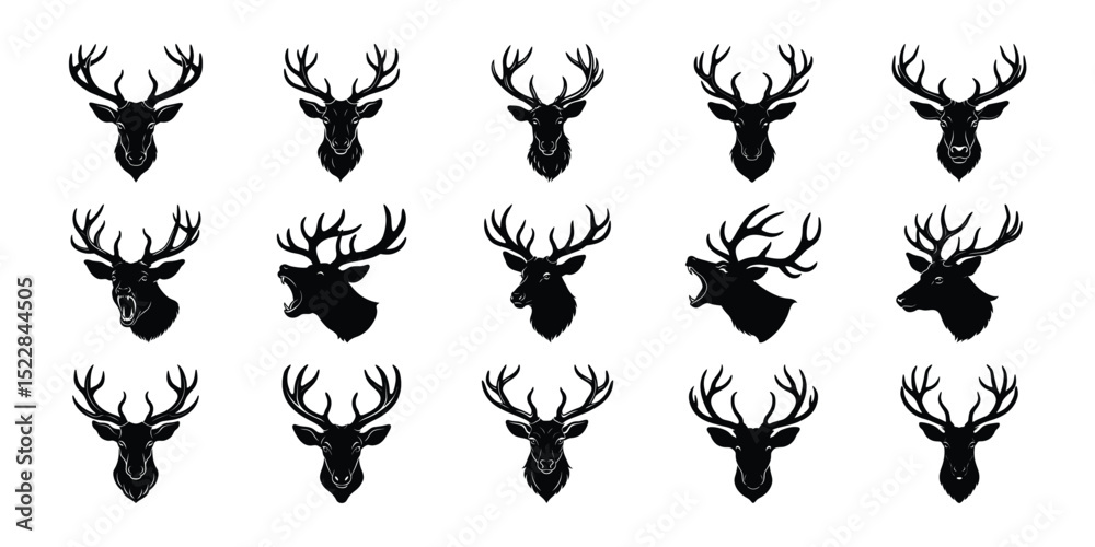 Fototapeta premium Deer and Elk Antler Head Vector Set – Black Silhouette Collection for Hunting, Forest, and Rustic Art