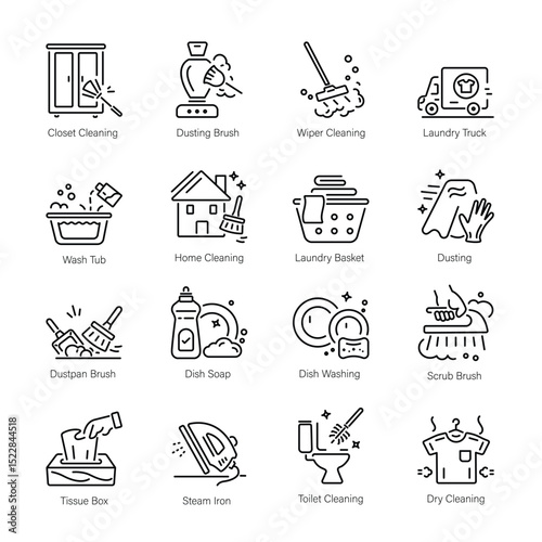 Black and white line art icons depicting various cleaning tasks and tools in a grid layout