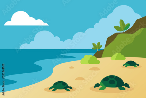 a quiet cove with sea turtles nesting on the shor
