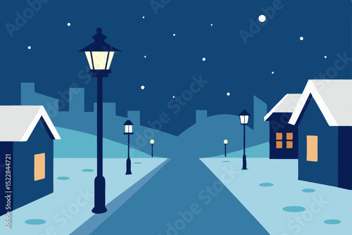 a quiet street with snow covered rooftops 