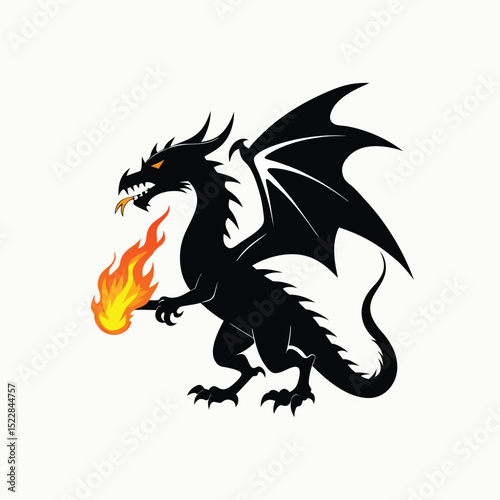Black silhouette of a dragon breathing fire on white background in Adobe Illustrator Artwork
