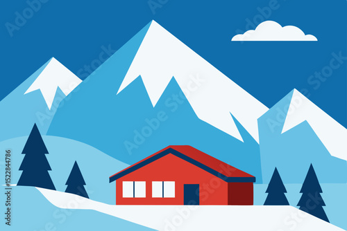 a ski lodge nestled at the base of snowy peaks 