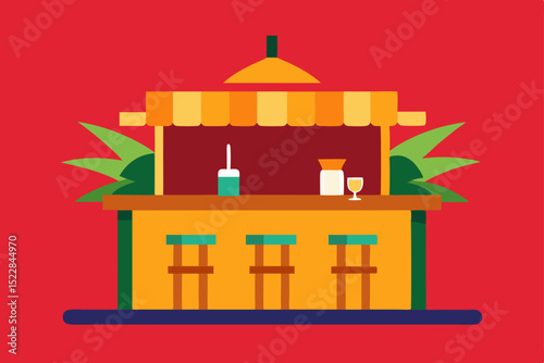 a tiki bar with bamboo stools and fruity drinks