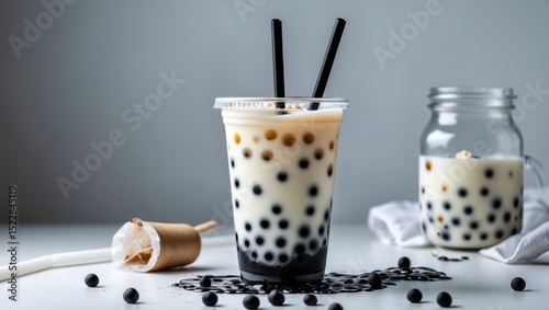 Bubble milk tea featuring black boba straws on a white backdrop, with space left for text. photo