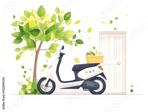 White Scooter with Food Delivery Box near a Green Tree and Door