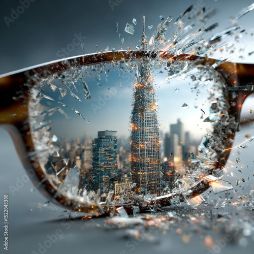 City skyline is seen through shattered glasses, symbolizing market volatility