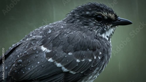 RainKissed Bird Perches feathers glistening