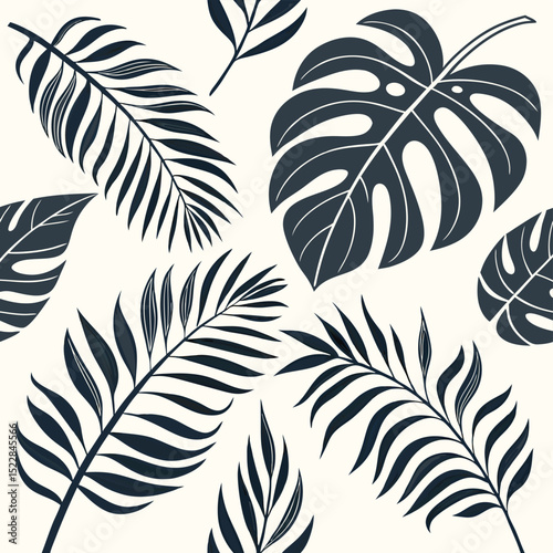 Elegant botanical pattern featuring monstera and palm leaves in a dark hue on a light background design