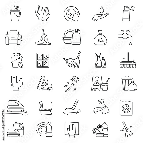 Thirty cleaningrelated line icons arranged in a grid pattern