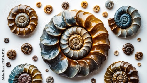 Ammonites isolated on white with various sizes and colors of fossil shells.