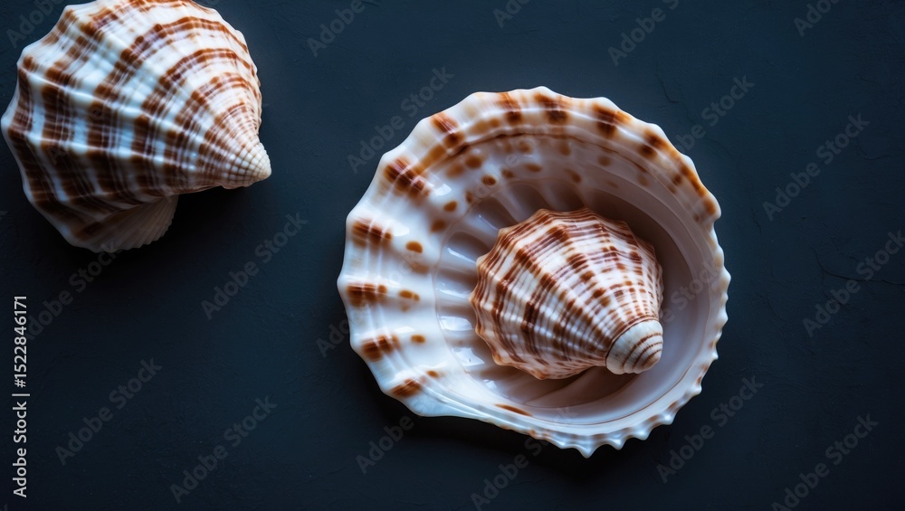 Obraz premium Sea Shell On A Dark Background, Flat Lay. With Empty Copy Space For Text