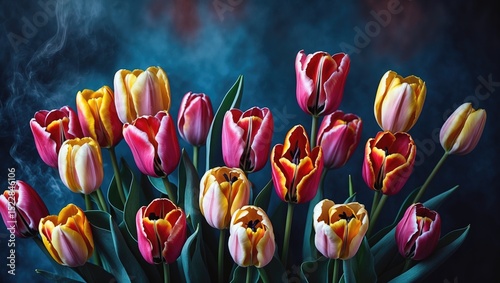 A vibrant bouquet of tulips is a bulbous spring-flowering plant with bold colored cup-shaped flowers.
