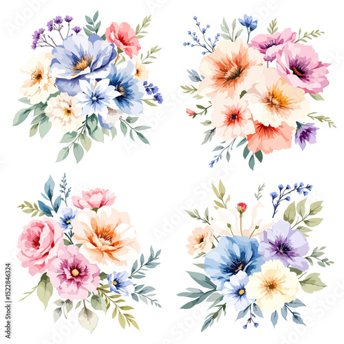Wild flowers set, watercolor digital illustration.

