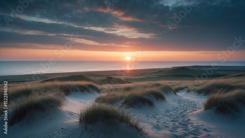Fototapeta Naklejka Na Ścianę i Meble -  View From Dune Top Over Sunset In North Sea with Empty Copy Space For Text