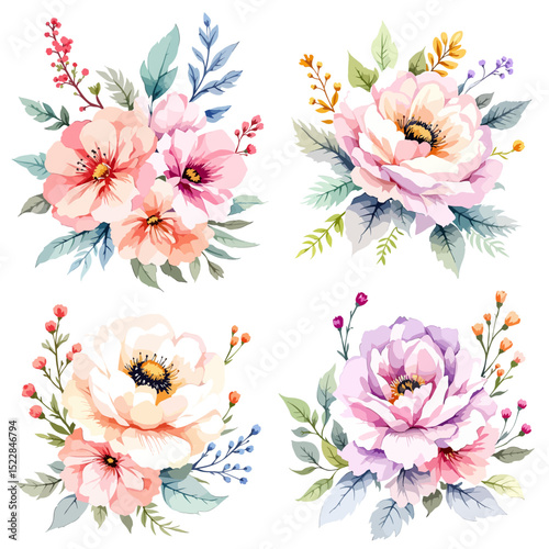Wild flowers set, watercolor digital illustration.
