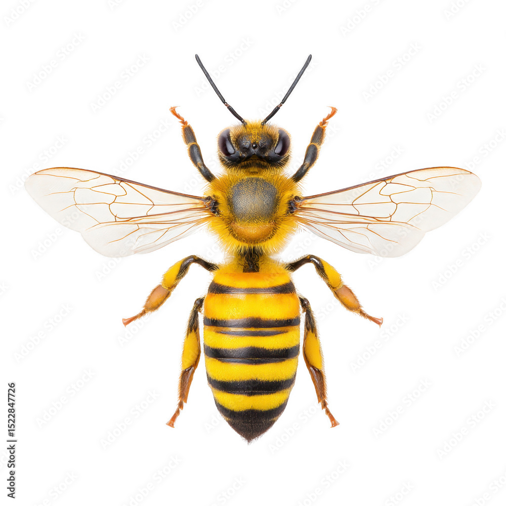 Fototapeta premium Detailed close up of bee with vibrant yellow and black stripes, showcasing its delicate wings and intricate body structure. image highlights bee natural beauty and symmetry