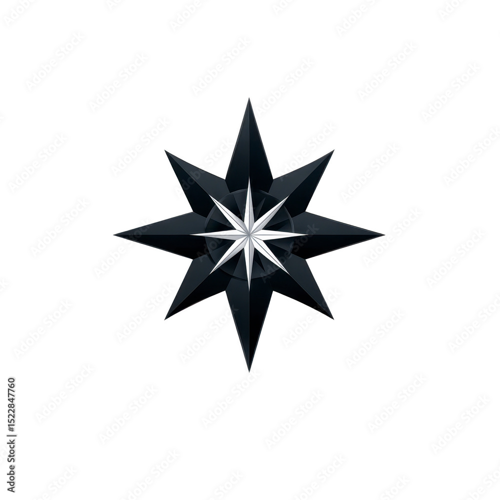 Black and white eight pointed star design with glossy finish, featuring layered geometric pattern. star has modern and sleek appearance, suitable for logos or decorative elements Black and white eight pointed star design with glossy finish, featuring layered geometric pattern. star has modern and sleek appearance, suitable for logos or decorative elements