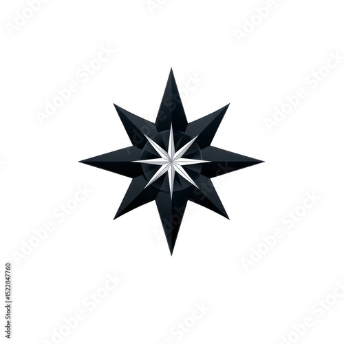 Black and white eight pointed star design with glossy finish, featuring layered geometric pattern. star has modern and sleek appearance, suitable for logos or decorative elements