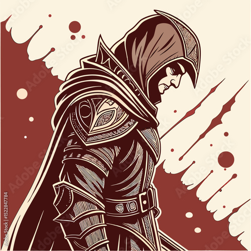 Shadowy masked assassin blood splatter dark hood mysterious figure night terror kill fear crime death