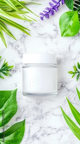 White Skincare Cream Jar Mockup with Green Leaves