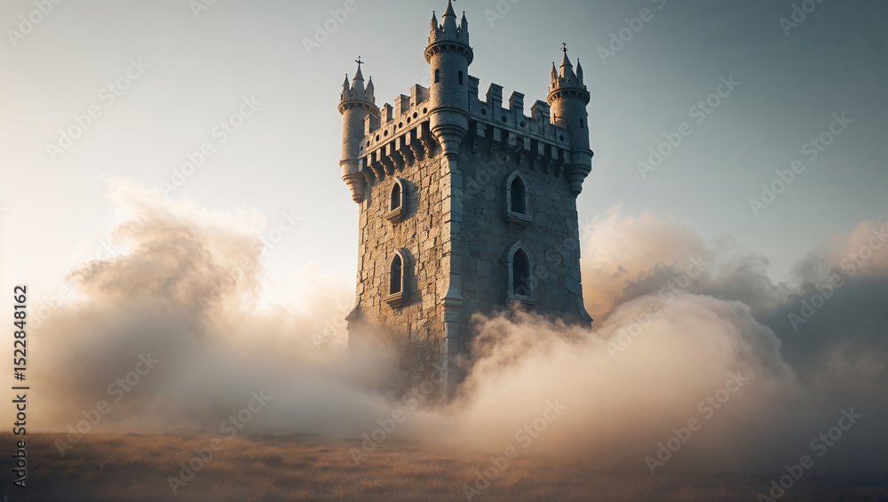 Naklejka premium Medieval castle tower emerging from fog at sunset