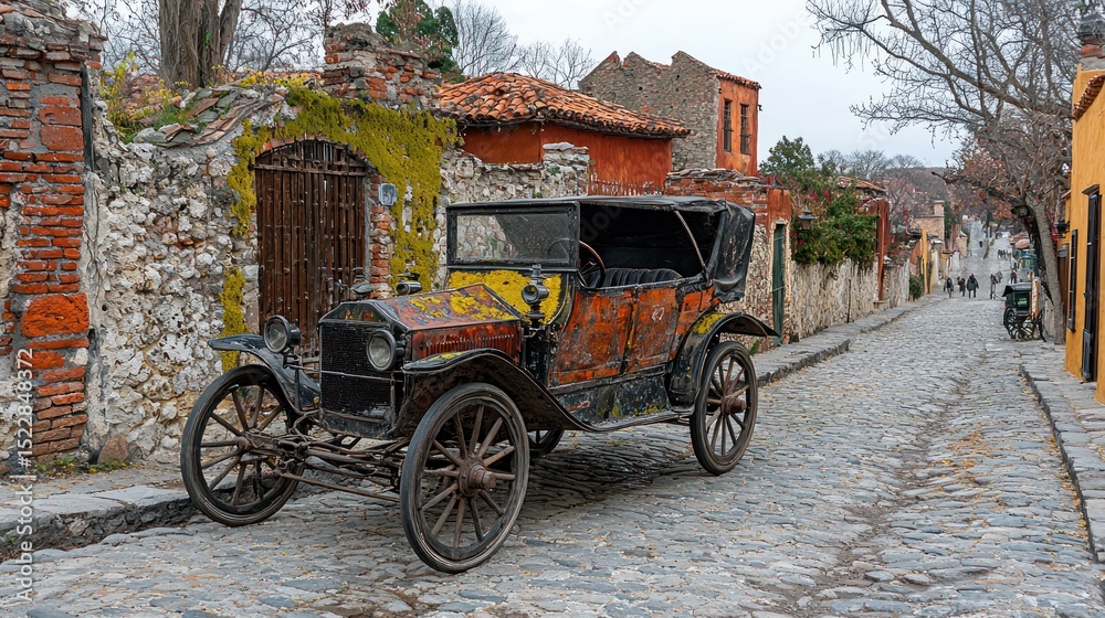 Fototapeta premium Vintage car parked on cobblestone street amidst historic buildings