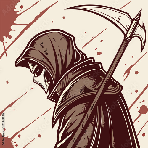 Shadowy assassin blood splatter hooded figure dark mystery evil crime scary night masked killer