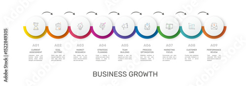 Business vector infographic design template. Circle timeline with icons and 9 nine arrows or steps. Used for process diagram, presentations, workflow layout, info graph, banner, flow chart