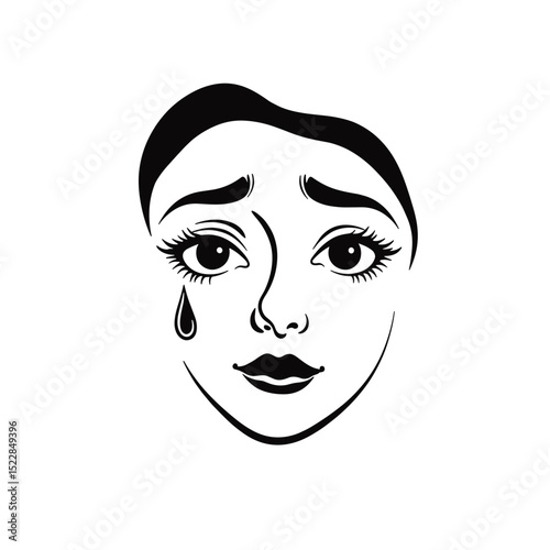 Sad girl face illustration. Simple line art drawing of crying woman.  Emotional graphic design for sympathy cards or pet loss announcements.
